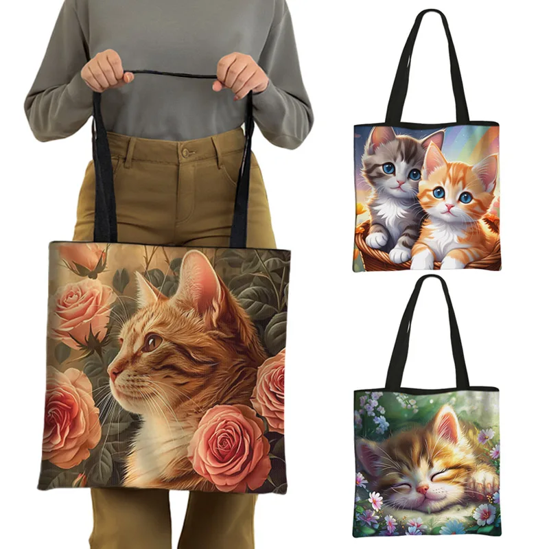Cartoon-Flower-Cat-Print-Tote-Bags-Cute-Kitten-Cats-Baby-Women-Handbag ...