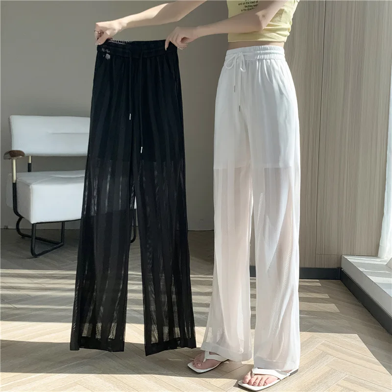 Lace Ice Silk Mesh Wide Leg Pants 2024 Summer New Large Size Slit Straight Casual Pants Women's Fashion Trousers
