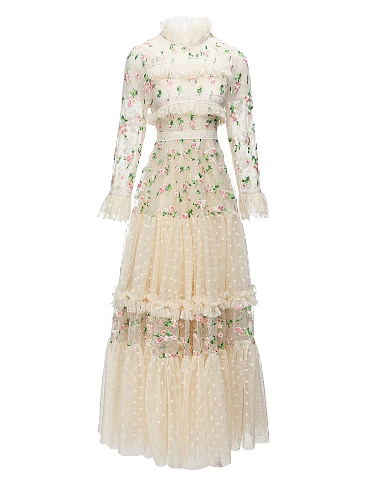 

Luxury New High Quality Autumn Fashion Party Casual Sexy Elegant Embroidery Mesh Sunscreen Chic Gorgeous Long Dresses For Women