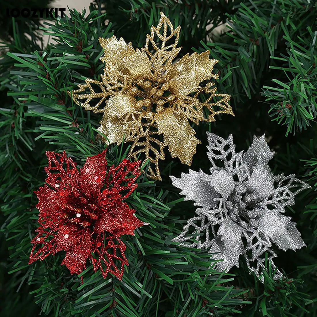 

1PC Glitter Artificial Christmas Flowers Christmas Tree Decorations Home Fake Flowers Christmas Ornaments New Year Decorations