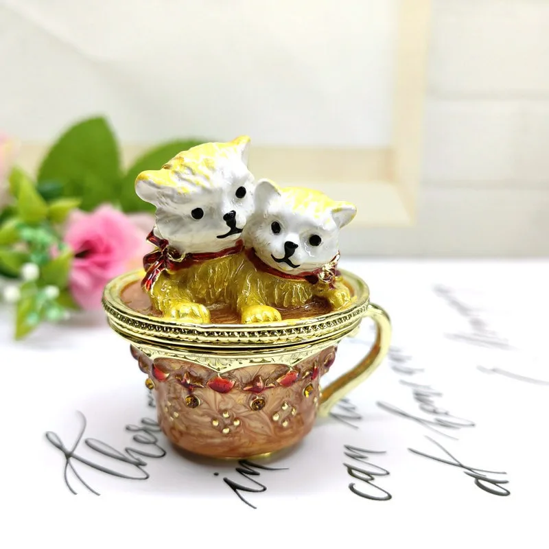 Cat Lid Metal PotTrinket Keepsake Newest Puppy Figurine Wedding Favor Cup Shaped Trinket Ring Holder in Teacup Shape
