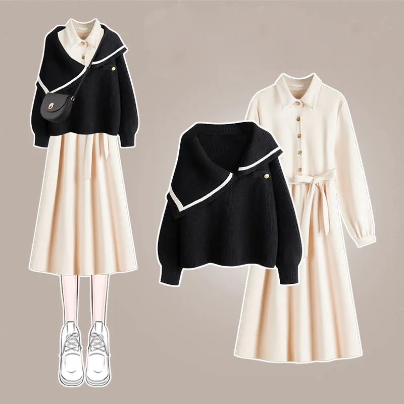 Autumn and Winter Set Women\'s 2023 New Style Wear Loose Sweater to Show Slim Versatile Dress Two Piece Setwinter clothes women