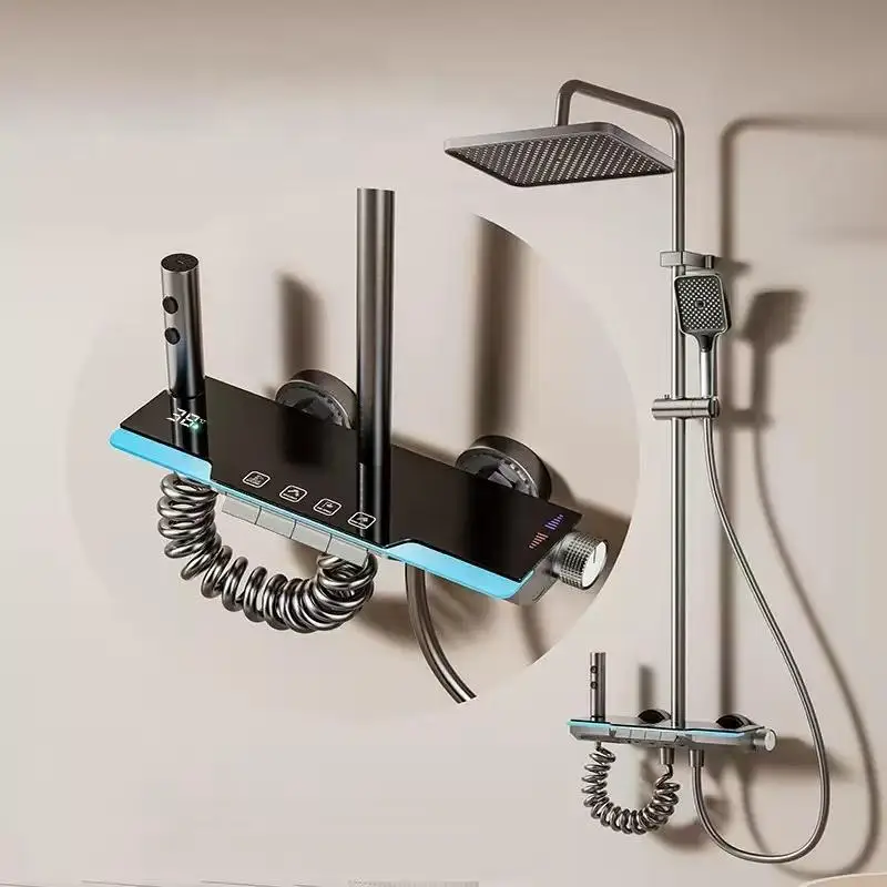 สีเทาชุดฝักบัวอาบน้ํา Ambient Light ฝักบัวระบบชุดจอแสดงผลดิจิตอลปุ่มเปียโนพร้อมก๊อกน้ําห้องน้ําหัวฝักบัว 1