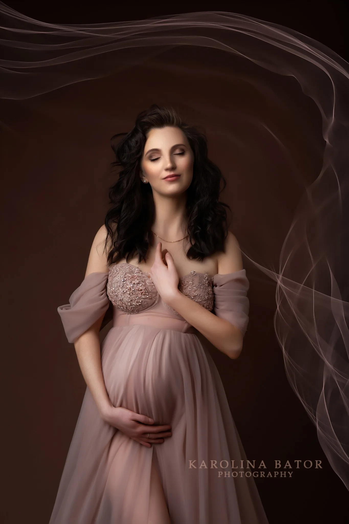 Rose Bloom Pink Pregnancy Gown for Photoshoot Ruffled Maternity baby Shower Dress with Pearls Flower Open Front Sheer Robe