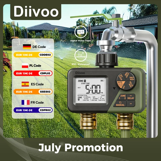 Diivoo Garden Water Timer 2 Outlets IPX5 Waterproof Multi-Functional Automatic Irrigation Timer with Rain Delay/Manual/Auto Mode 1
