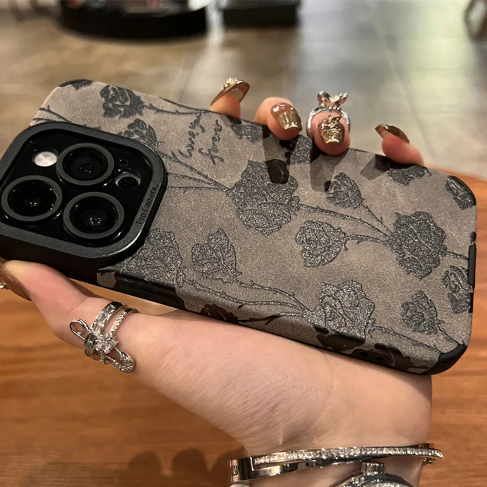 【 High Quality 】 Gray Bottom Black Rose Phone Case New iPhone 15 Promax 13 Set  16 Premium 14 Anti Drop 12 Silicone_voghion.com