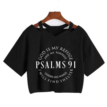 Women's Inspirational Psalms 91 Verse Short Sleeve T-Shirt Sexy Women Croppped T Shirt Graphic Crop Tops Clothes 1