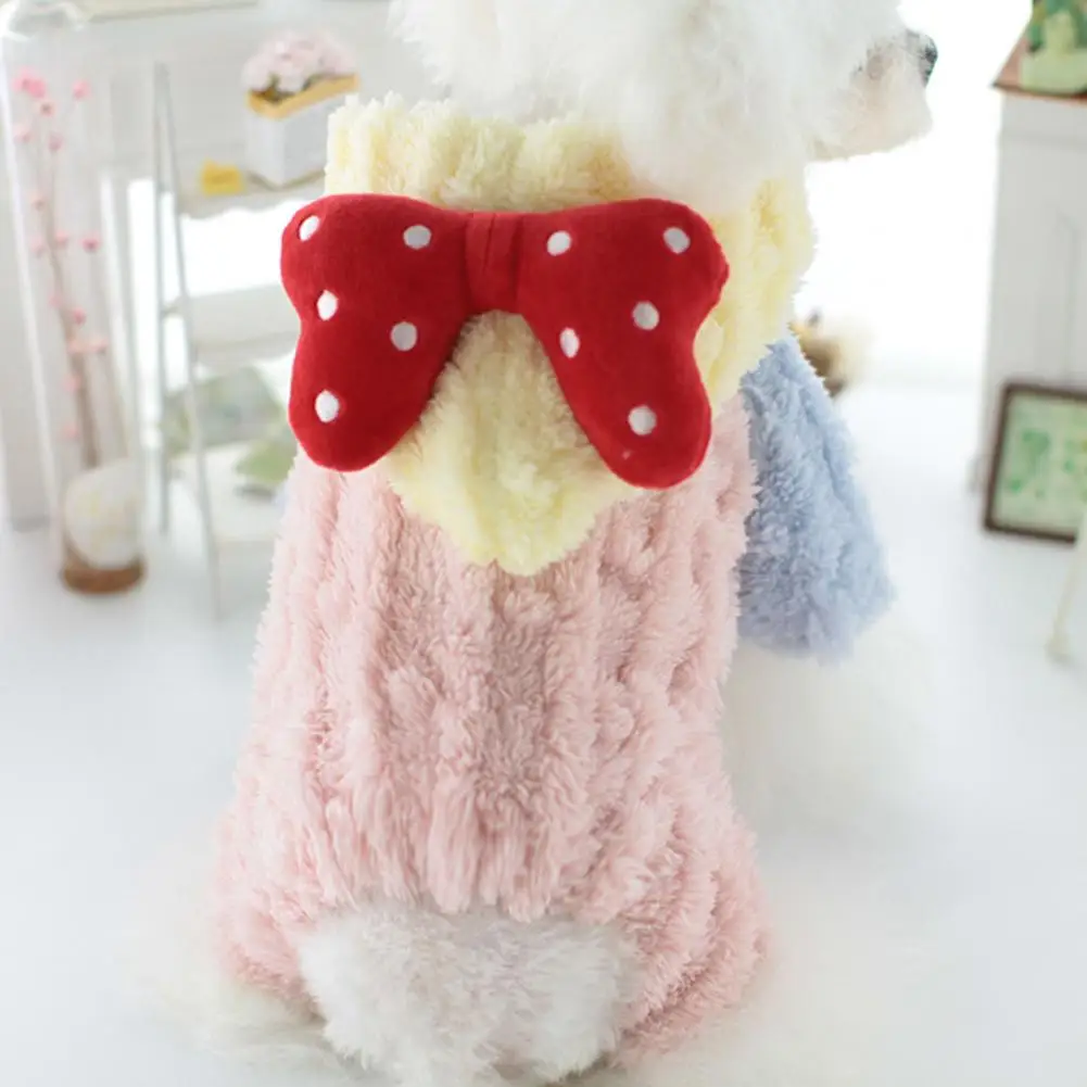 

Puppy Hooded Onesie Sweet Dot Bowknot Pet Hooded Jumpsuit Warm Coral Fleece Puppy Onesies for Fall Winter 3-color Options Short