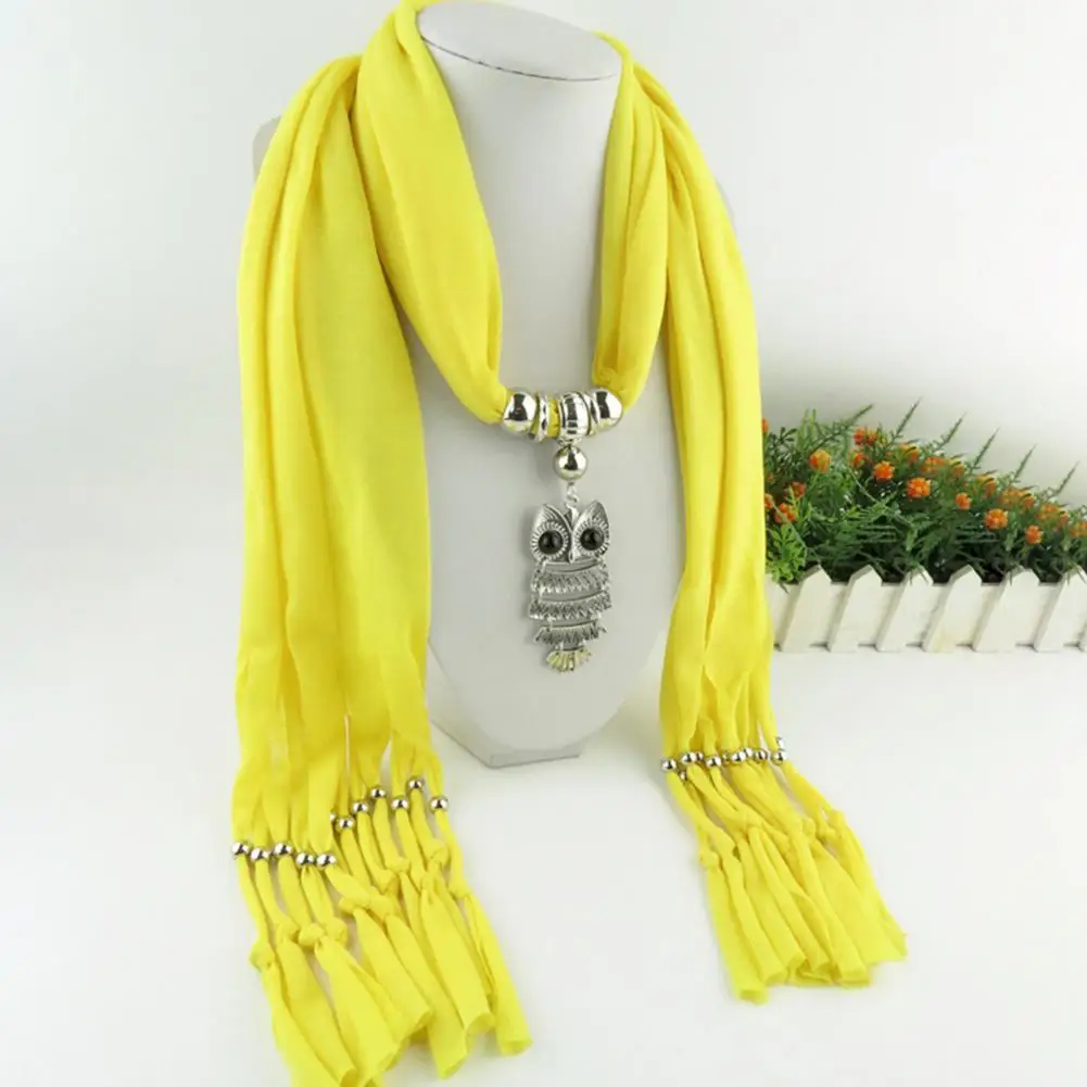 Long Fringed Solid Color Women Scarf Retro Owl Pendant Necklace Scarf Costume Accessories Gift