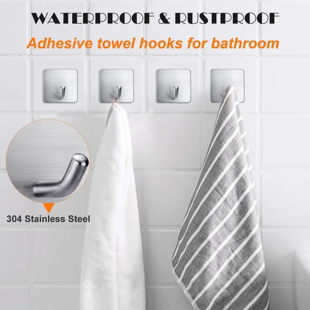 Crochet adhésif robuste pour serviettes, crochet adhésif en acier inoxydable, support de rangement suspendu pour salle de bains et cuisine, crochets collants, cintre argenté 5