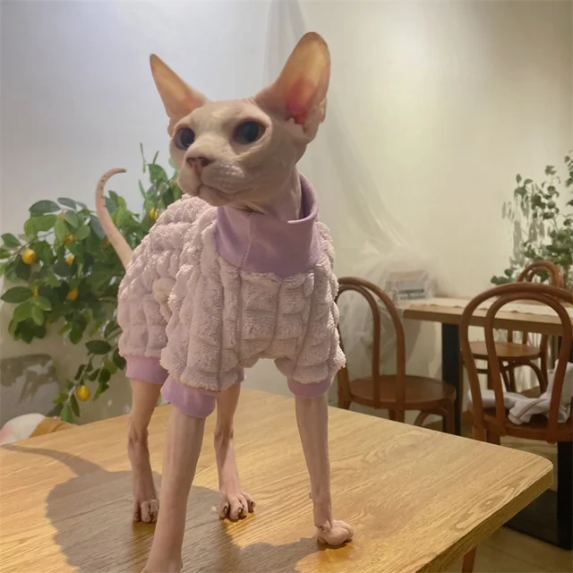 2 Pieces Sphynx Cat Sweaters - Winter Warm Faux Fur Turtleneck Vest For Hairless Cats (Pink & Gray) - View #3