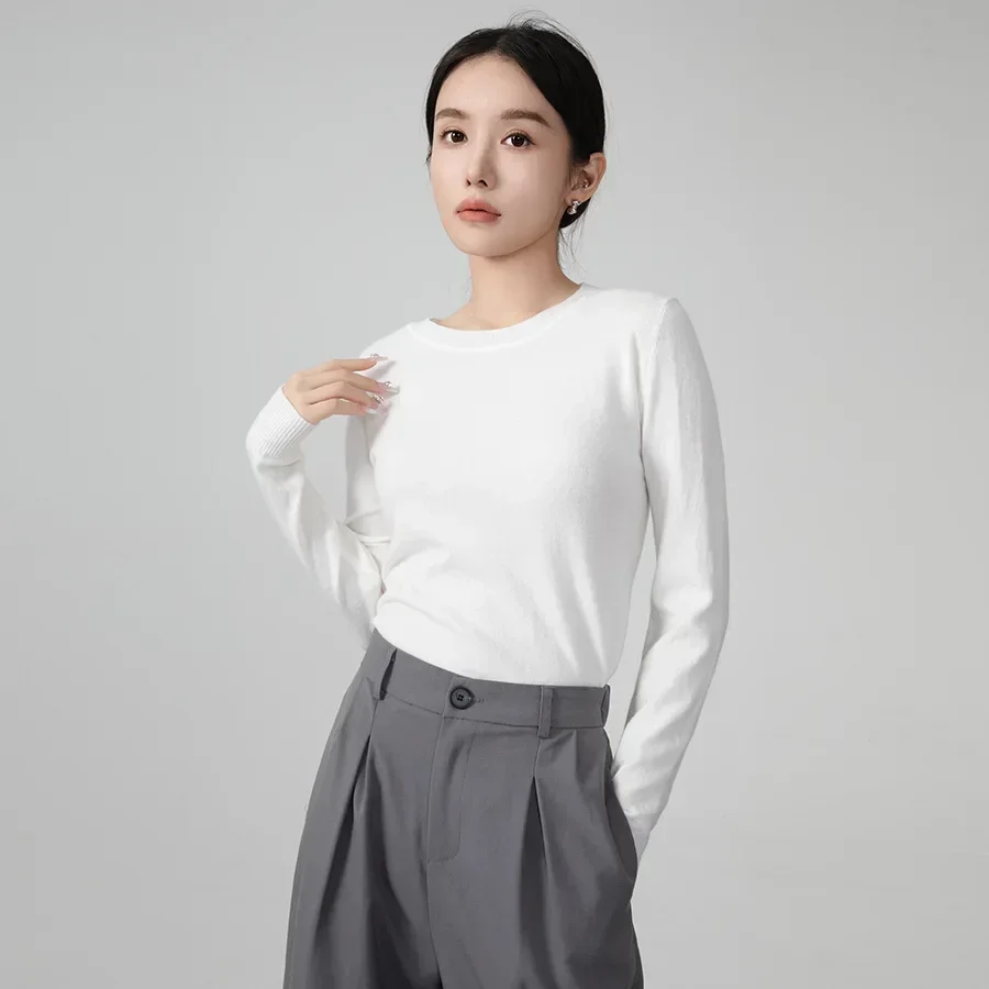 

2024Autumn and winter new style blended sweater Korean version pullover solid color round collar with slim undershirt gray22