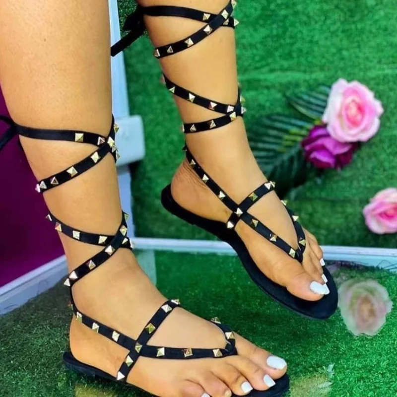

Fashion Women Sandals 2023 Summer Shoes Women Sandalias Gladiator Sandals Women Studded Pinch Toe Cross Straps Flat Casual Shoes