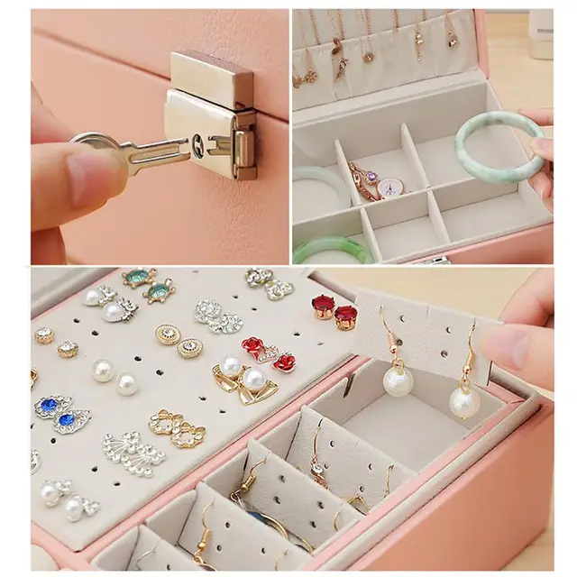 2/3 Layers Jewelry Storage Leather Drawer With Lock Mirror Portable Box For Earrings Necklace Ring Jewelry Storage Display
