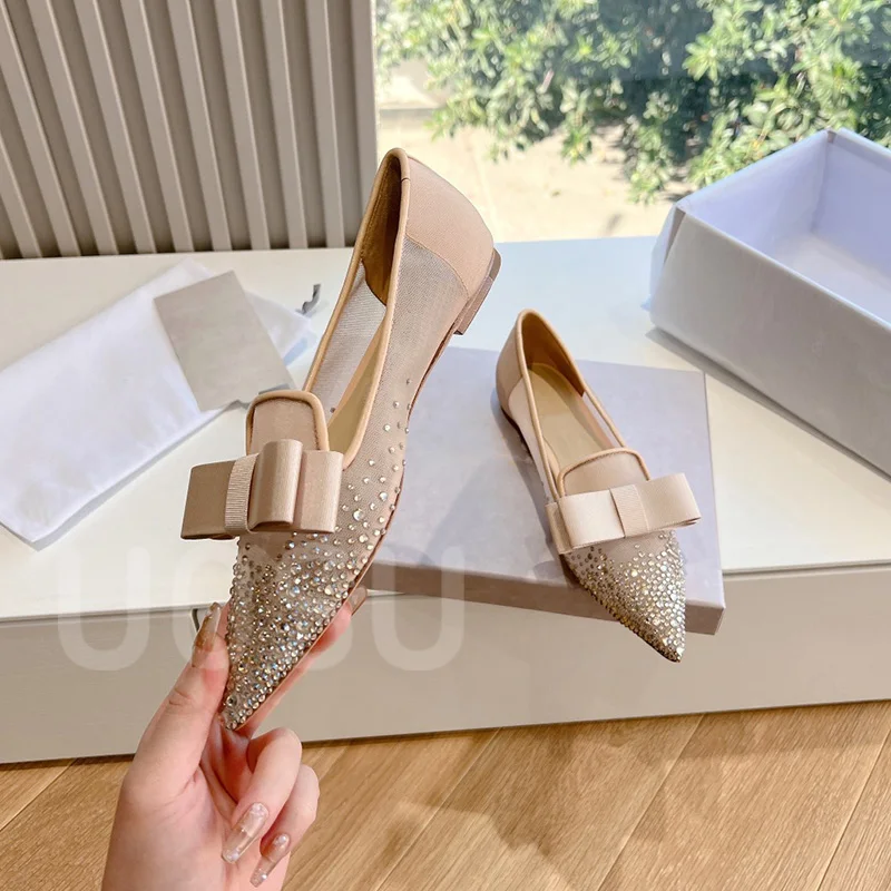 2024 New Women's Flats Designer Mesh Luxury Full Crystal Banquet Ladies Shoes Ventilated Soft Pointed Toe Ballet Shoes Dress