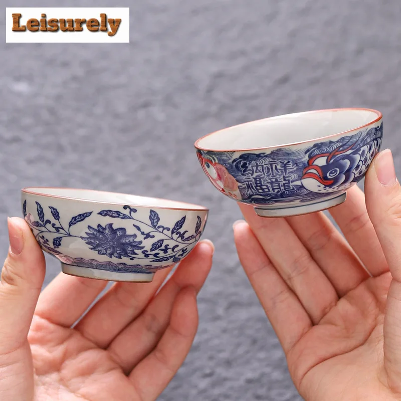 70ml Blue and White Porcelain Tea Cups Retro Fish Dargon Master Cup Puer Tea Bowl Meditation Cup Chazhan Kung Fu Tea Drinkware