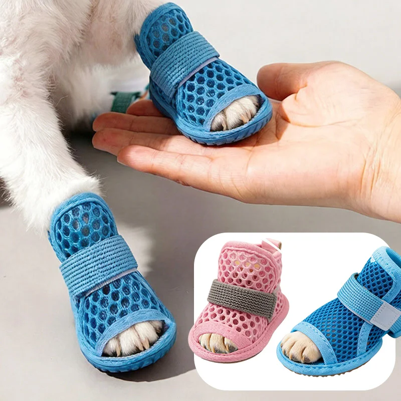 4Pcs Cute Mesh Dog Shoes Non-slip Elastic Strap Cooling Dog Boots Wear-resistant Dog Foot Cover Pet Sandals Summer For Pets New 1