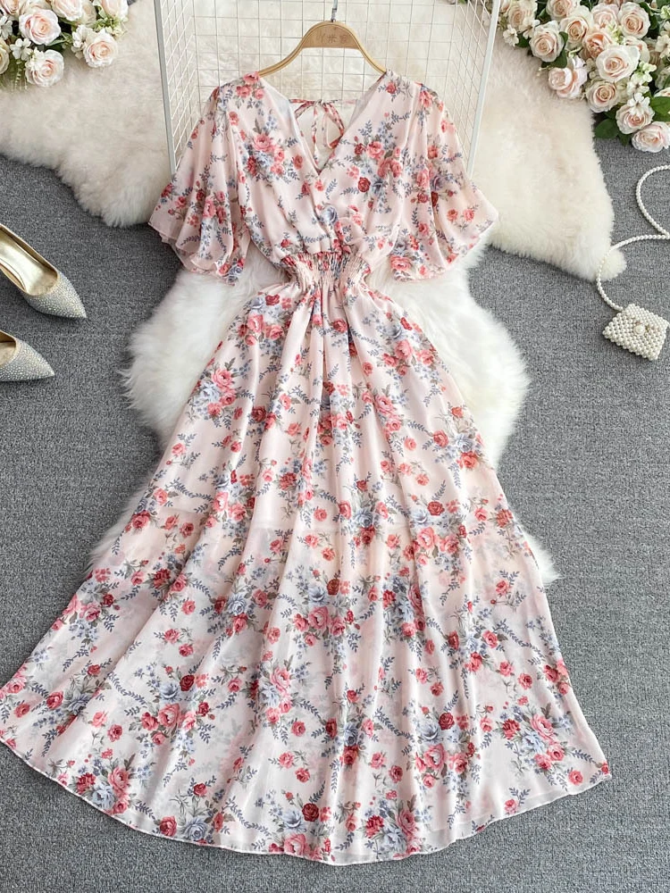 

2022 Summer Elegant Floral Dress Women Sexy V-neck Floral Chiffon Long Dresses Ladies A Line High Waisted Party Dress Vestidos