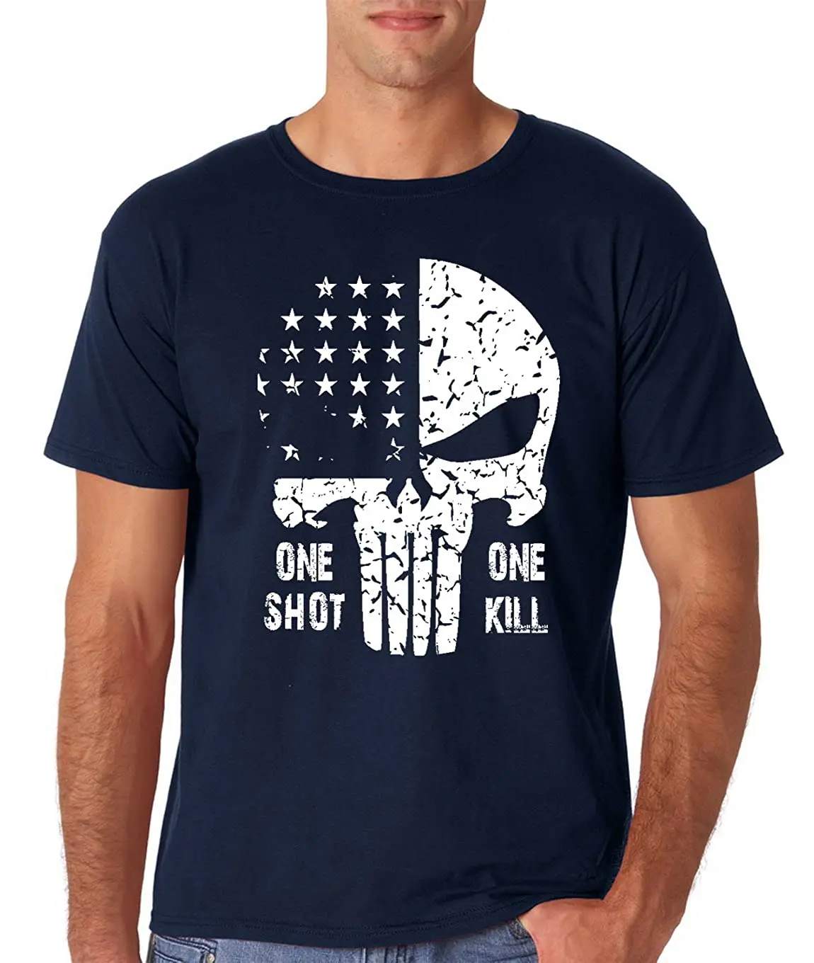 

One Shot One Kill. American Flag Skull Sniper T Shirt. High Quality Cotton, Large Sizes, Breathable Top, Loose Casual T-shirt