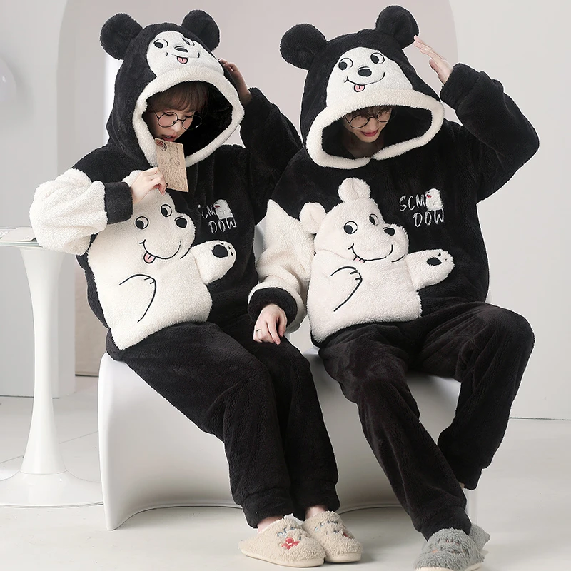 

Winter Men's Pajama Set Thick Coral Velvet Sleepwear Hooded Pyjama Male Cartoon Bear Unisex Lovers Men's Pajamas Warm Loungewear