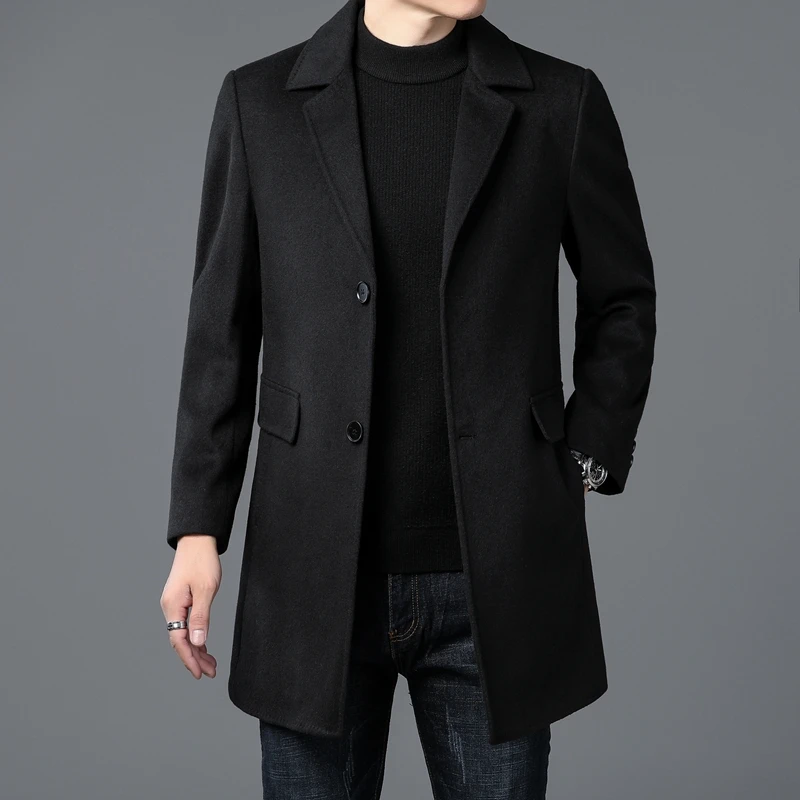 

2022 Winter Autumn Men Black Gray Cashmere Wool Overcoat England Style Notched Collar Sheep Woolen Blend Coat Male Warm Outfits