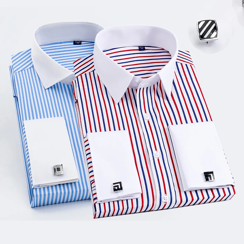High Qualtiy Men\'s French Cuff Dress Shirt Long Sleeve Slim Fit Tuxedo Shirts with Cufflinks Double Button Collar