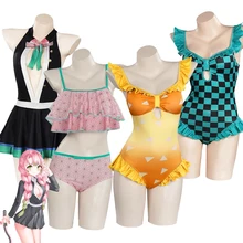 

Anime Demon Slayer Agatsuma Zenitsu Swimsuit Kamado Nezuko Kanroji Mitsuri Cosplay Swimwear Beach Dress Woman Costume