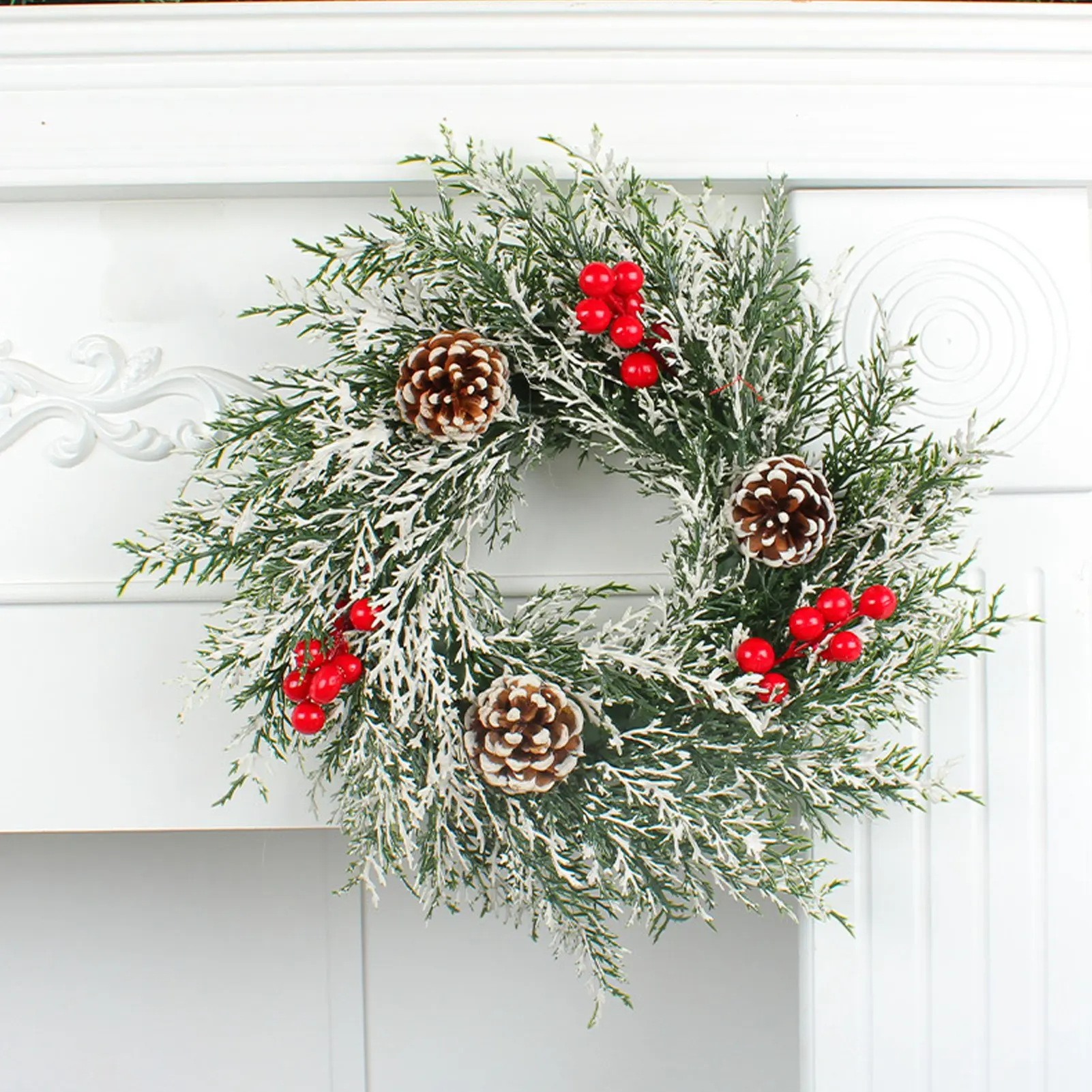 

Christmas Wreath Simulation Decorated Plastic With Red Fruit And Pine Cones Door Hanging Ornament For Home