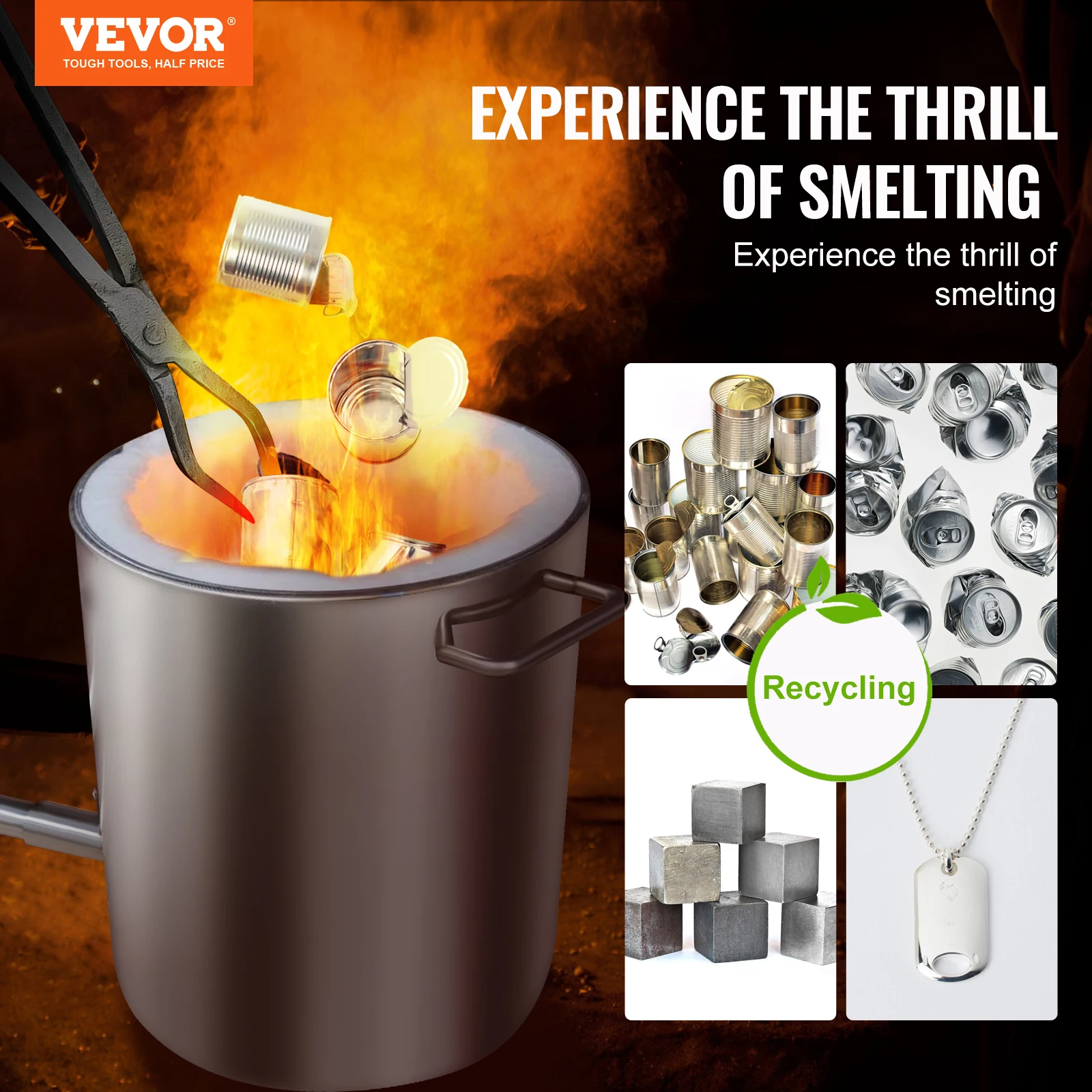 VEVOR 6KG 12KG Metal Melting Furnace Large Capacity Foundry Home Kilns Blacksmithing Forge w/Tongs Stainless Steel electric melting furnace