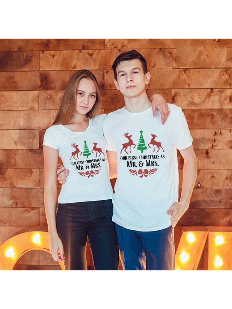 

1pcs Our First Christmas As Mr Mrs Couple Matching T-shirt Kawaii Graphic Tees Harajuku Family T Shirt Short Sleeve Clothes 2020