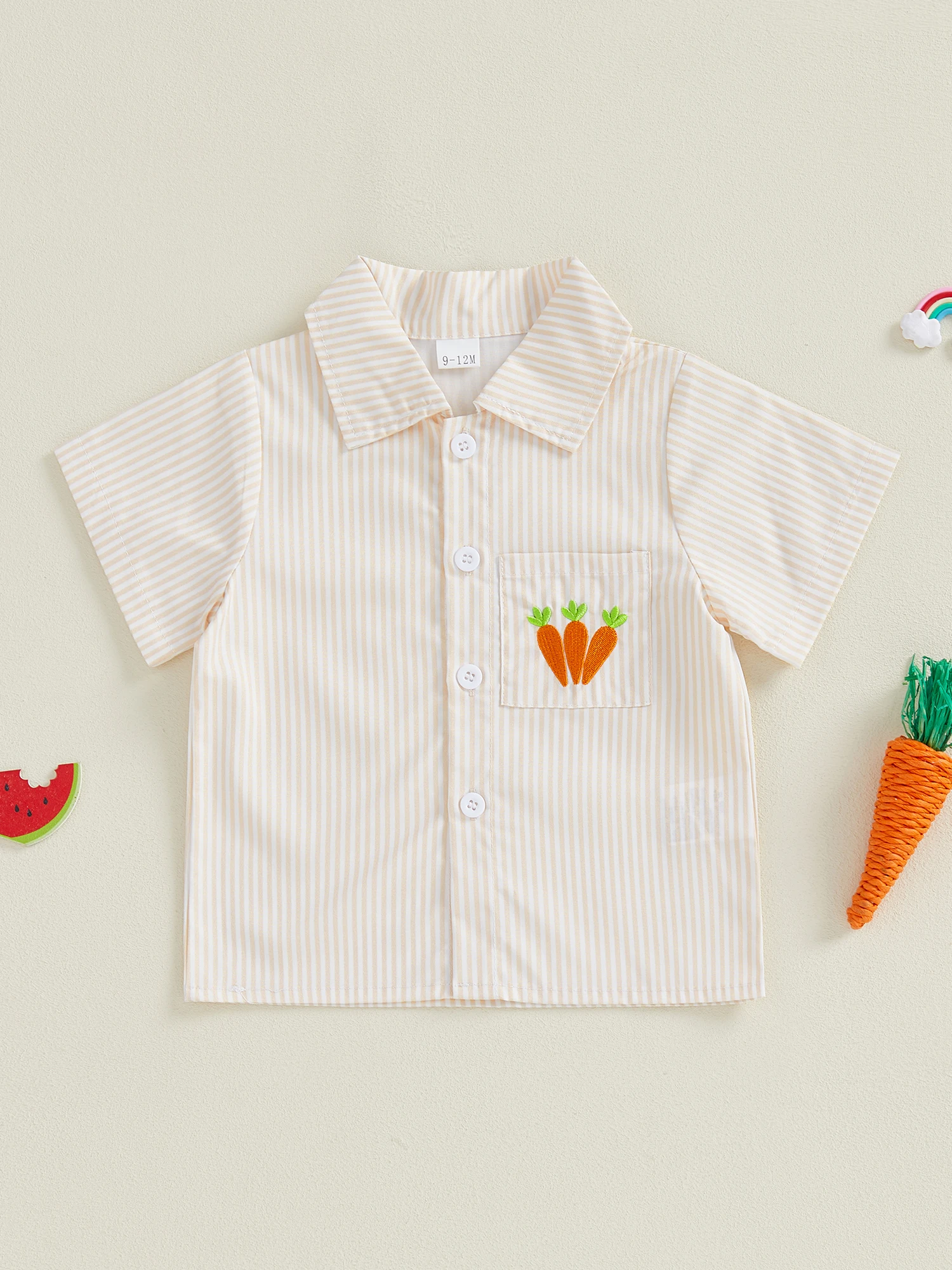 Kids Striped  Shirt with Cute Carrot Embroidery Short Sleeve Button Up Collared Tee for Boys and Girls Summer Top