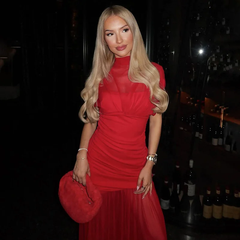 Blifanbo Mesh Short Sleeve Sexy Maxi Dress For Women Elegant High Waist Fashion Patchwork Summer Sexy Slim Club Party Long Dress