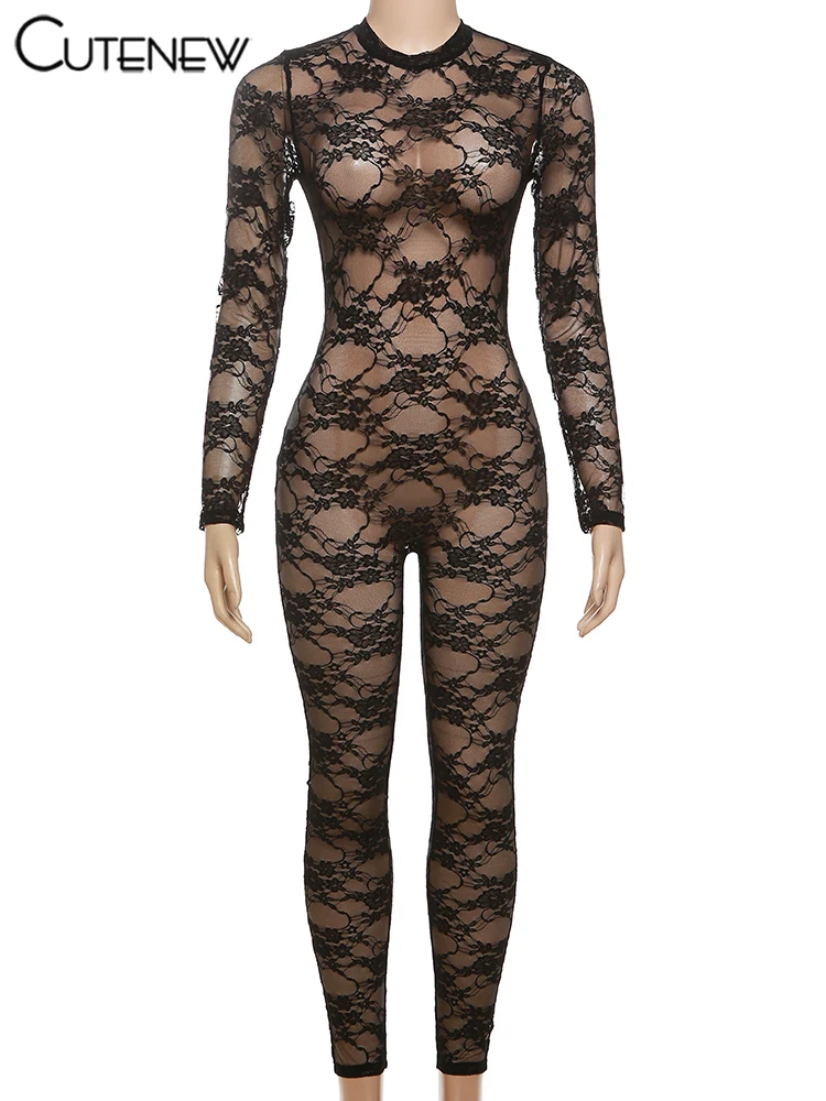 Women's Solid Jumpsuit Casual Sexy Lace Fitness See-through One-Piece Sporty Attirewear Rompers Streetwear Overalls New