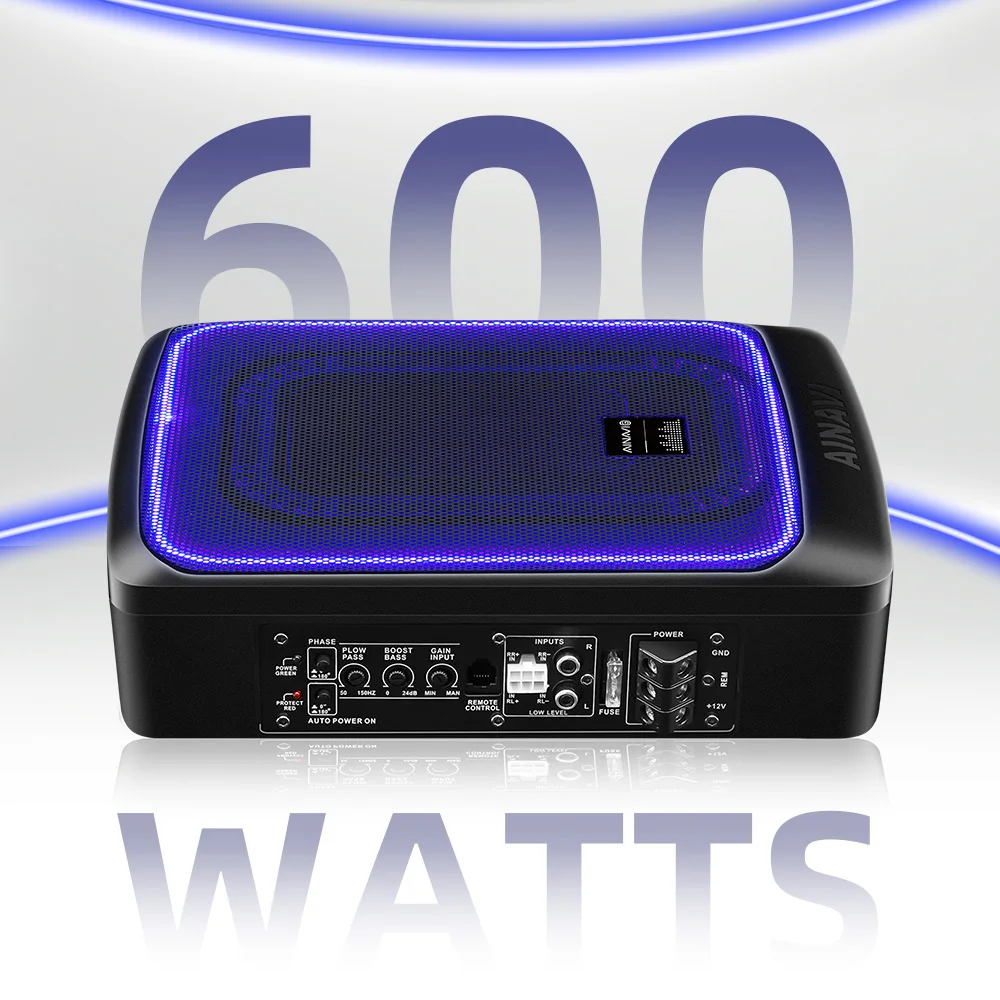 Ainavi 12V 600W Slim Under-Seat Bass Powered Car Subwoofer Amplifiers Car Speaker Subwoofer Power Audio with Blue LED Lights