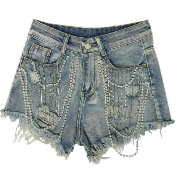 Denim Shorts 2024 Summer New European Station Heavy Jeans Women's Fashion Tassel Pearl Pendant Raw Edge A- Line Wide Leg Pants