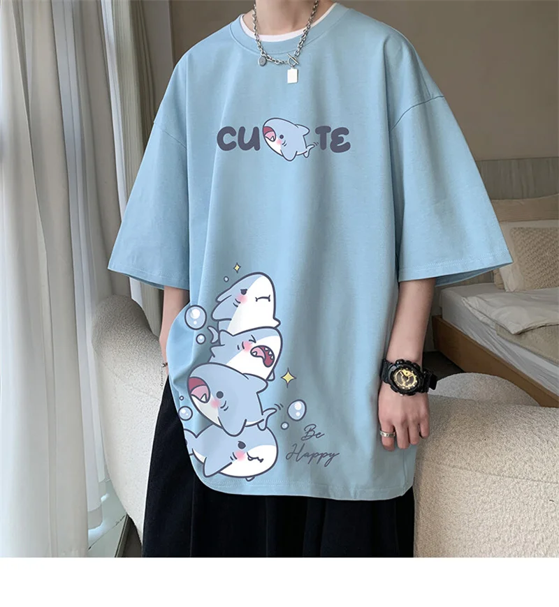 Men's Cotton T-shirts White Men Oversized T Shirt Anime Shark Print Summer Casual Wear 5XL Tee Shirts Big Size Male Clothes