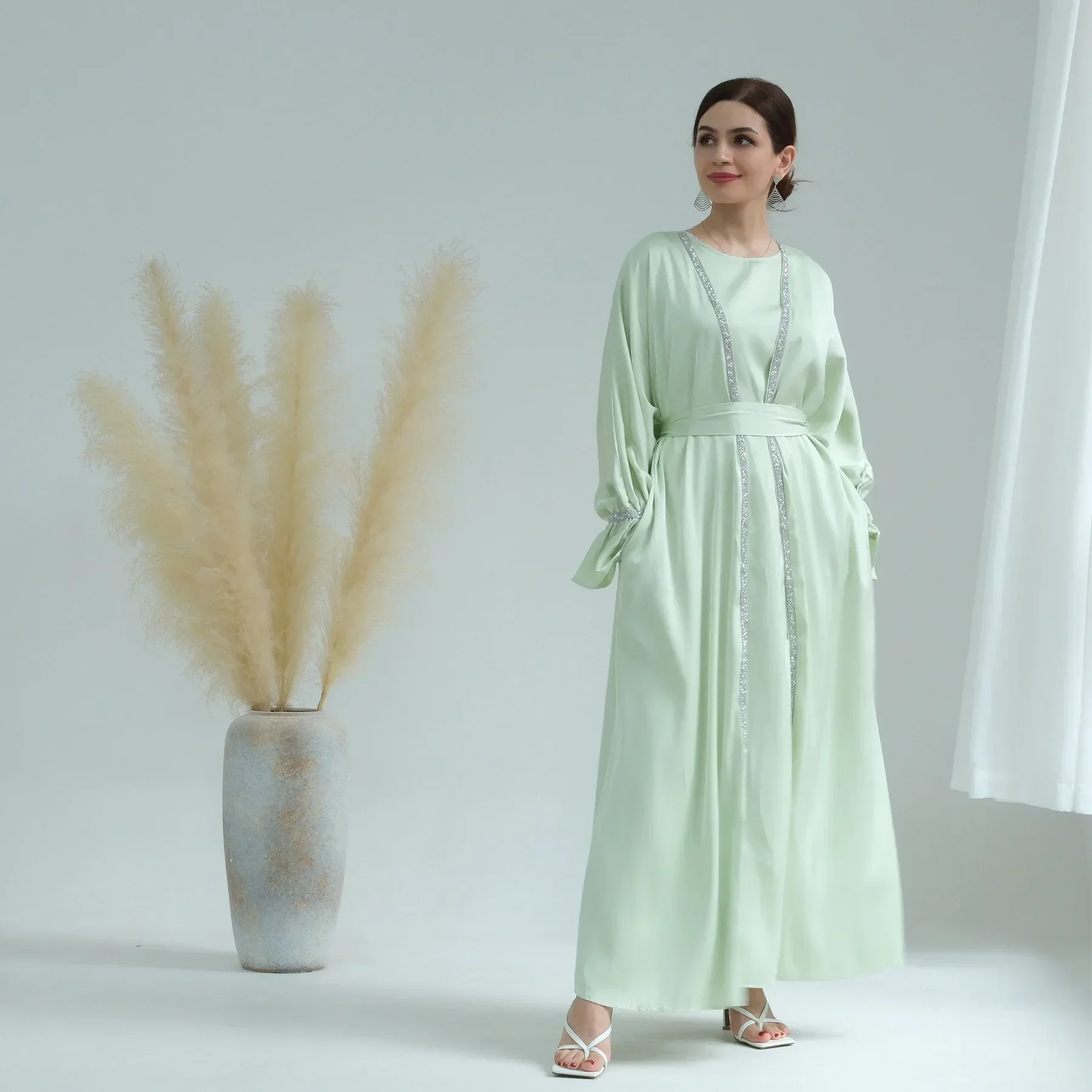 2 Piece Satin Abaya Set Muslim Open Abayas for Women Dubai Elegant Turkey Kimono + Inner Dress African Islamic Matching Outfit