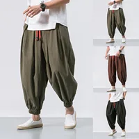 Men's Fashion Cotton Linen Casual Solid Colors Loose Trousers Breathable Japanese Style Elastic Waist Harem Pants Plus Size#g3 - Image 2