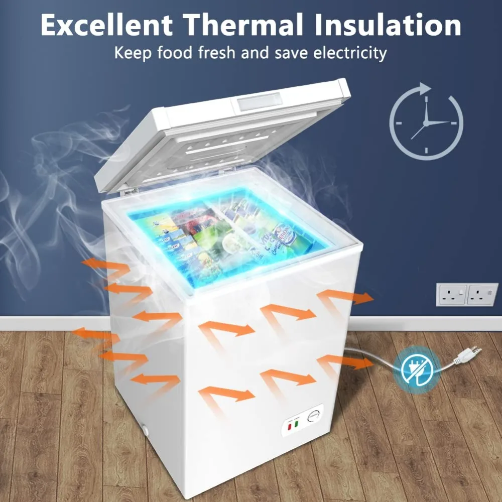 3.5 Cubic Feet Small Deep Freezer w/Removable Basket & Wheels, Super Quiet & Energy Saving, Top Open Loading Compact Box Freezer