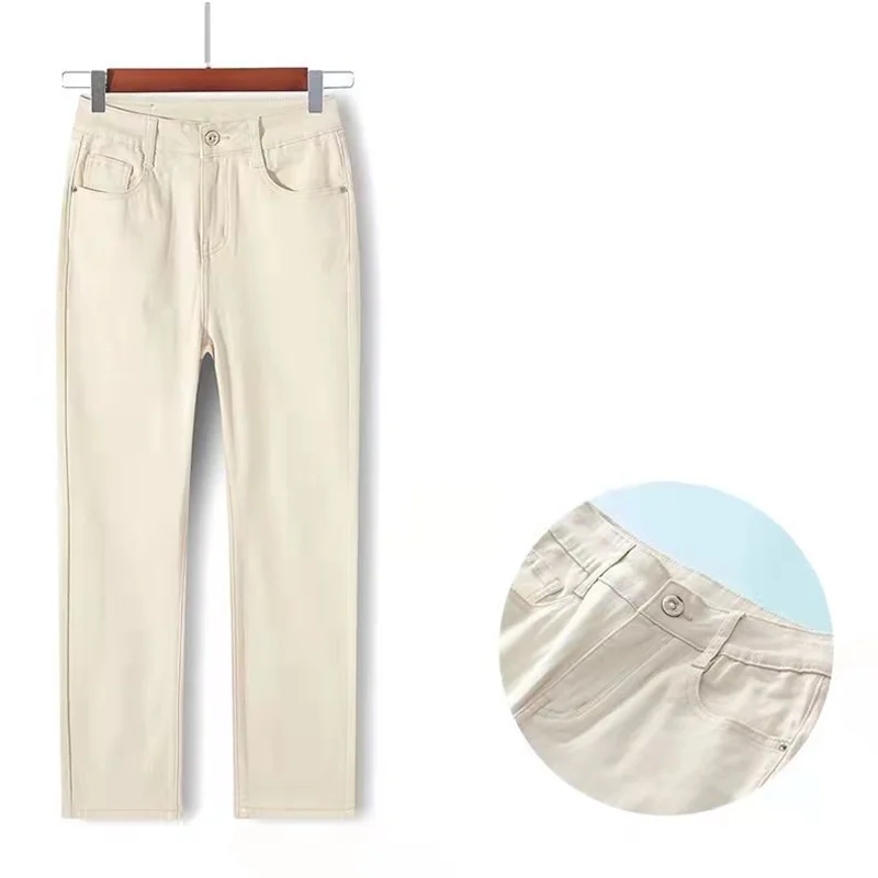 Classic Casual Ankle Length Warm Vaqueros Basic Fleece High Waist Denim Pants Plus Velvet Thicken Beige Straight Jeans Women