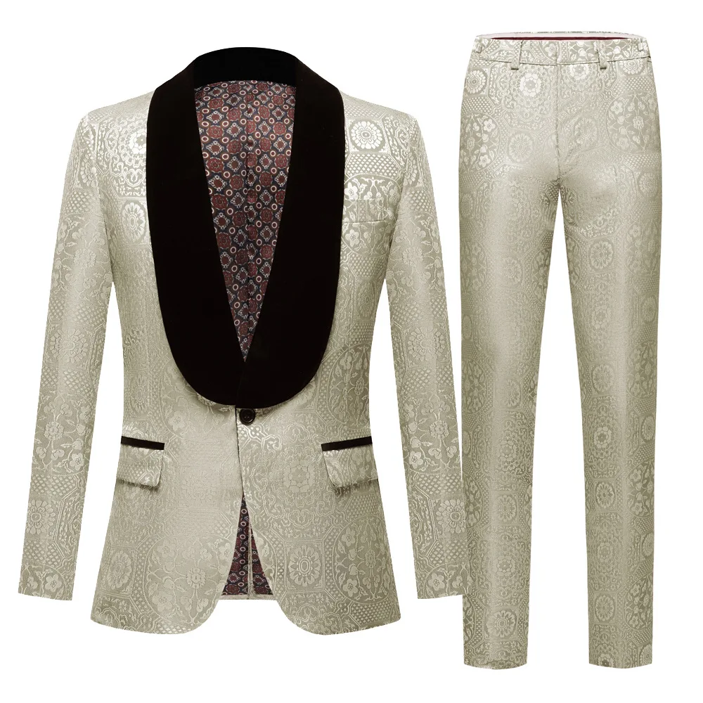 Elegant Jacquard Velvet Mens Suit Blue Shawl Collar Wedding Dress Slim Fit Jacket Pants Business Banquet Male 2 Piece Blazer Set