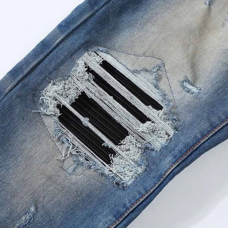 Latest Street Fashion Men's Jeans Vintage Blue Elastic Slim Fit Split Jeans Men's Vintage Pants Splicing Designer Hip Hop Perfor