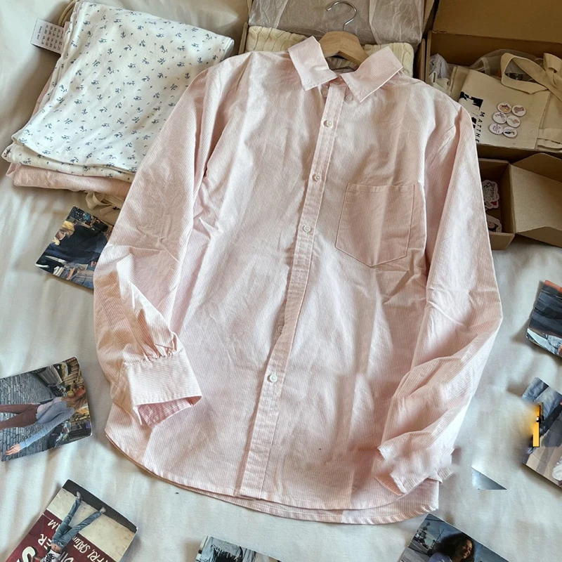 

Женская хлопковая блузка в полоску, свободная Винтажная футболка в розовую полоску с длинными рукавами, отложным воротником и карманами, лето