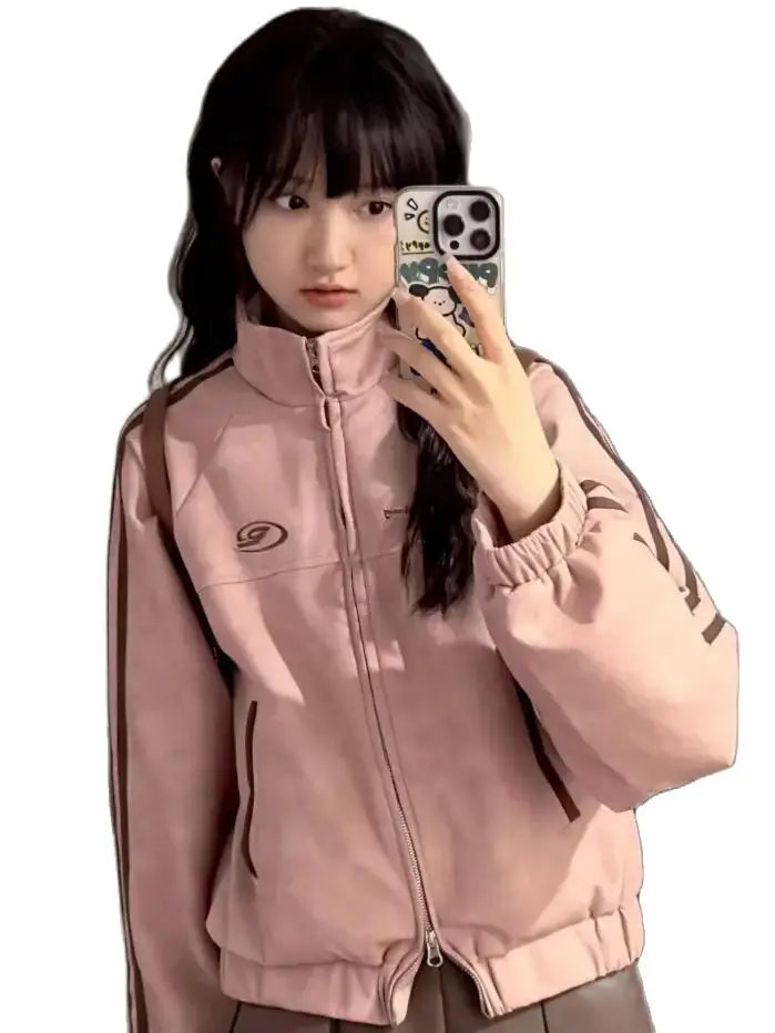 Pink Suede Jacket Coat Vintage Y2k Women Korean Fashion Streetwear Cropped Bomber Jackets Japanese Style College Spring Coat