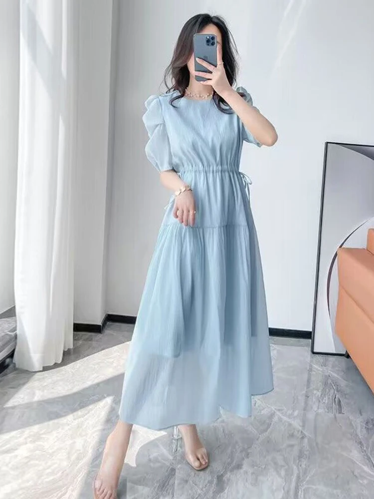 Women Dress Elegant Women Blue Dresses New Drawstring Slim Waist Short Sleeve Summer Dress Korea Fashion Solid color Chiffon Long Dress