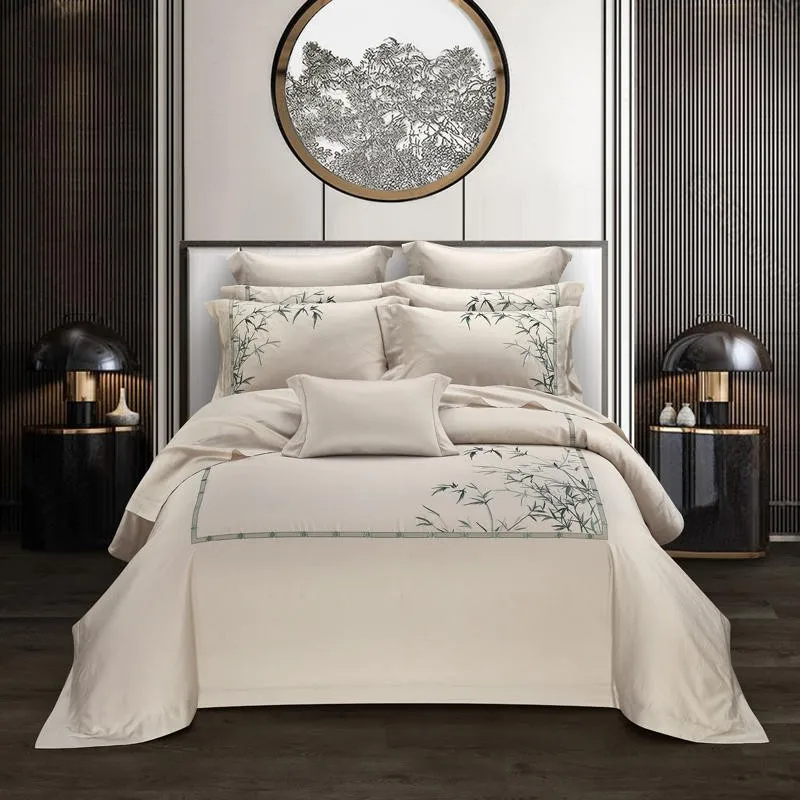 

Chic Oriental Embroidery Bamboo Duvet Cover Set Premium Egyptian Cotton Soft Queen Double King 4Pcs Bedding set with Bed Sheet