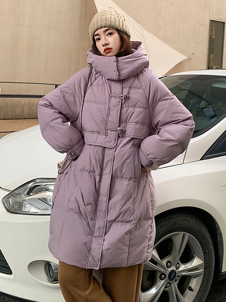 

Winter Down Jackets For Women Chaquetas Para Mujeres 2023 Horn Button Mid Length Hooded Warm Parkas Padded Coats Abrigo Mujer