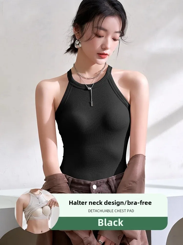 Nuevo estilo sin costuras, chaleco sin mangas con cuello Halter, interior para mujer con almohadilla para el pecho, parte de atrás bonita integrada, Top textil para primavera y verano