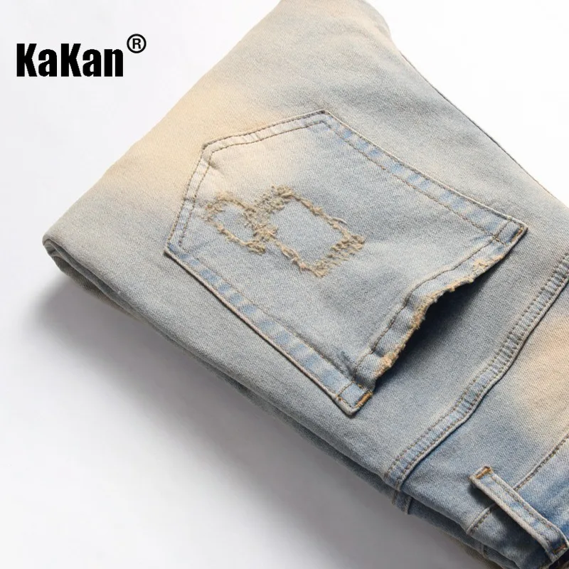 Kakan - European and American Original Personalized Embroidered Denim Jeans for Men, Retro Ruffled Elastic Long Jeans K87-F848