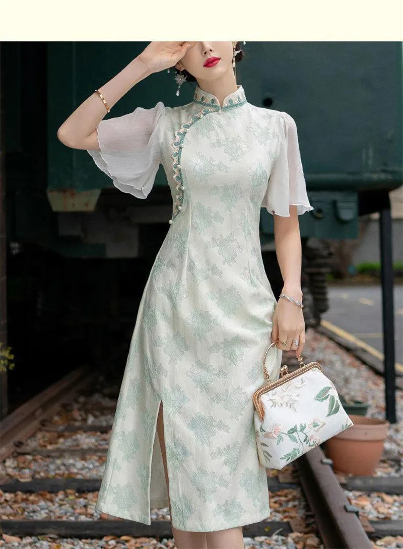 

Improved Green Cheongsam Lace Trumpet Sleeve Vintage A-Line Dress Women Elegant Chinese Style Qipao S To XXL